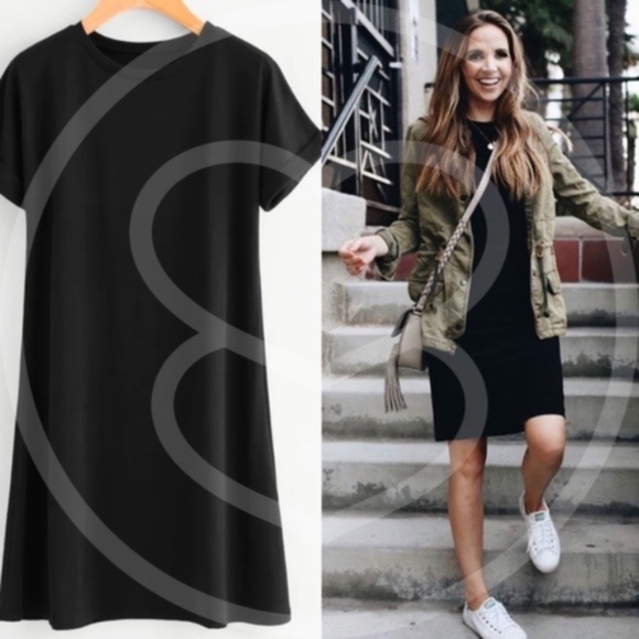 Black short sleeve dress rolled cuff tee dress - Picture 3 of 6
